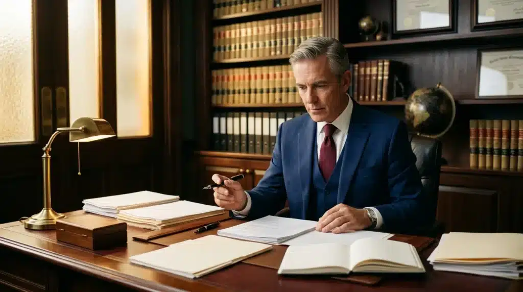 Homme d'affaires en costume bleu travaillant dans un cabinet juridique
