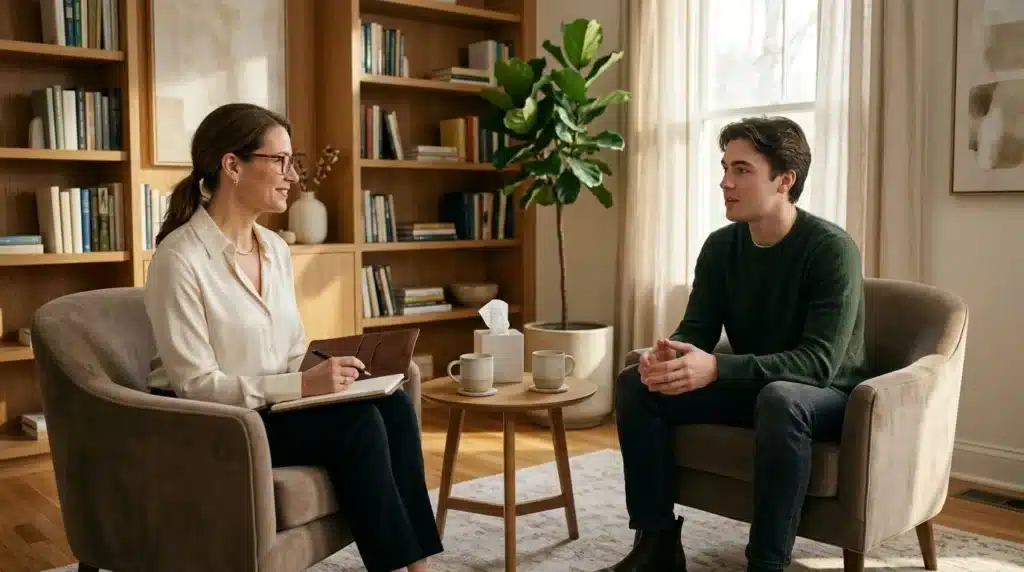 Femme et homme en conversation dans un bureau lumineux