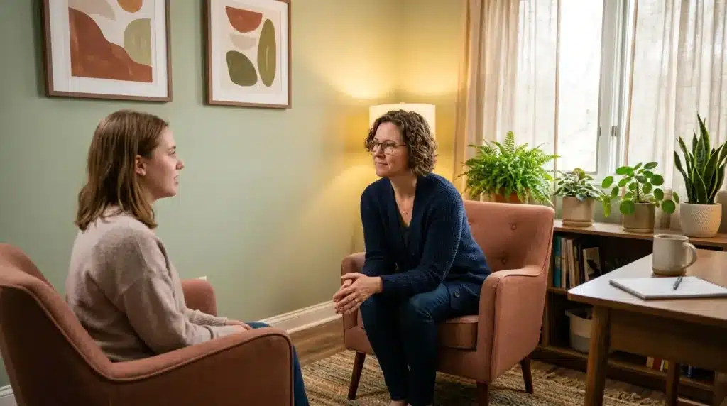 Deux femmes en conversation dans un bureau wellness professionnel