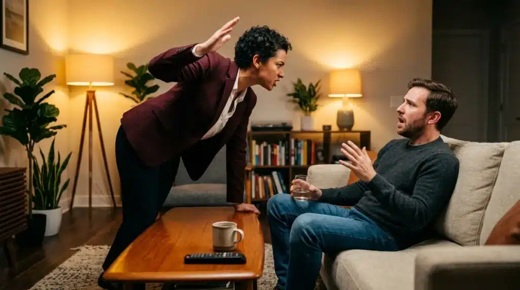 Deux hommes en discussion intense dans un salon moderne