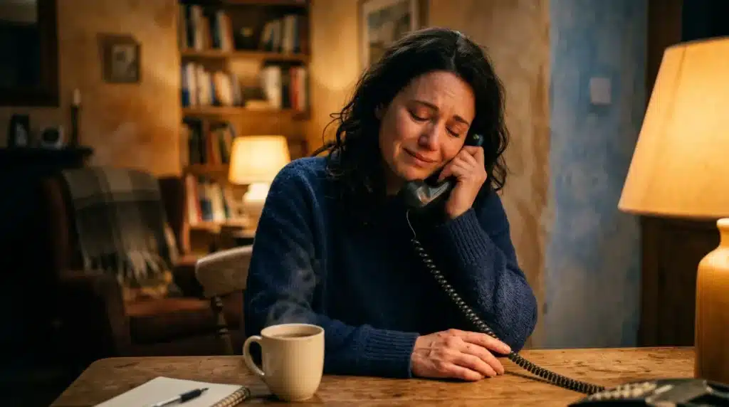 Femme parlant au téléphone à son bureau, avec café