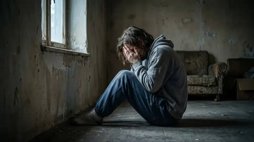 Personne assise seule dans pièce vide délabrée