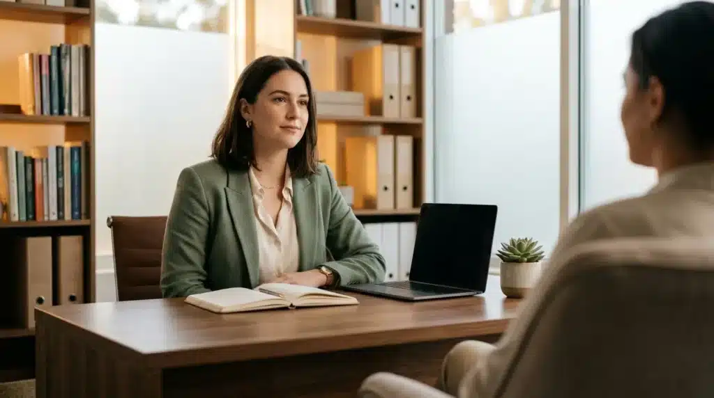 Femme en blazer vert écoutant attentivement lors d'une réunion professionnelle