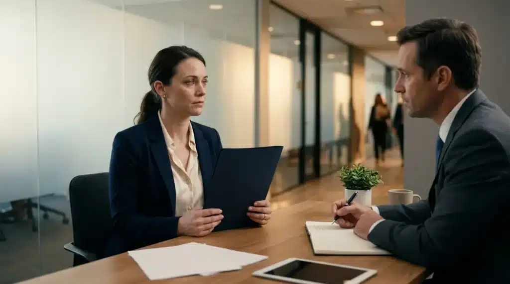Deux professionnels en discussion à une table de réunion