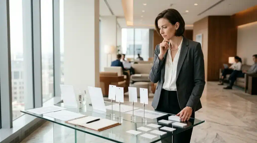 Femme en costume gris contemplant une table de présentation