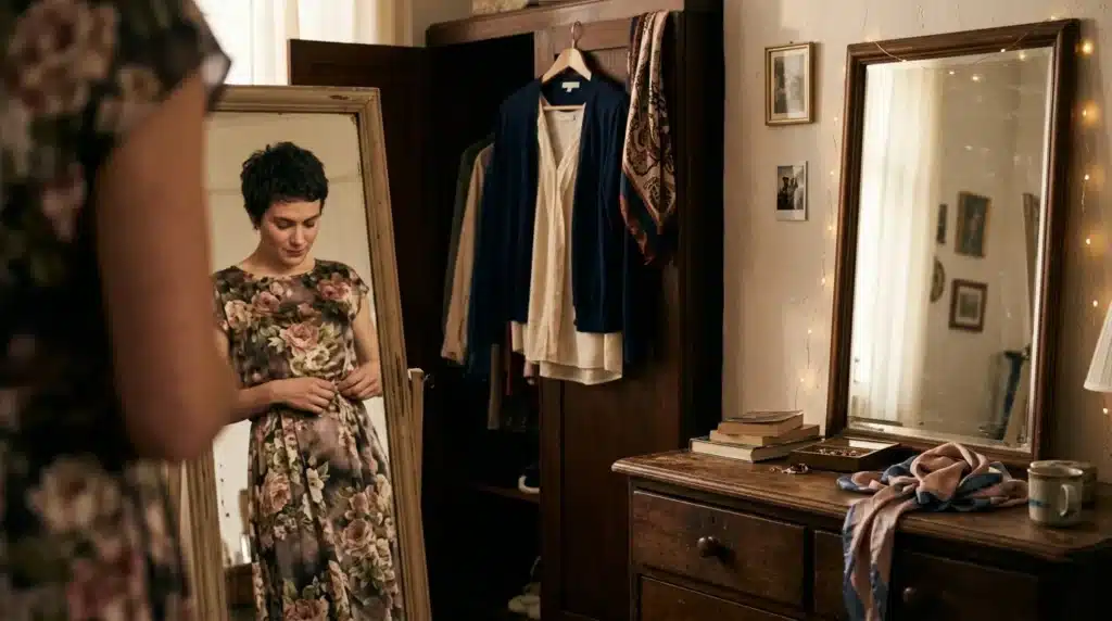 Femme en robe fleurie devant miroir, vêtements suspendus