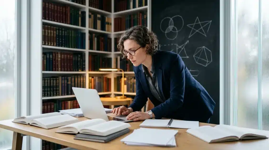 Femme en costume bleu travaillant sur ordinateur portable entourée de livres