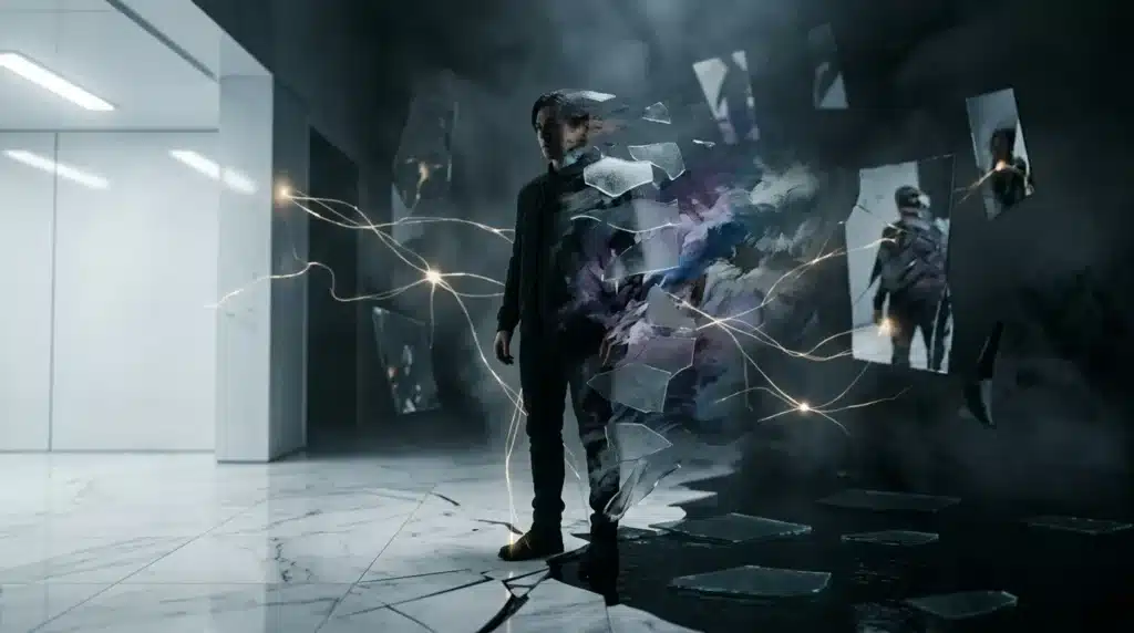 Homme en noir marchant dans couloir high-tech avec effets lumineux