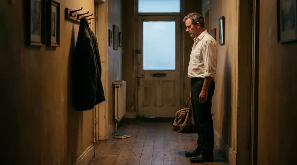 Homme avec sac dans couloir avant de partir