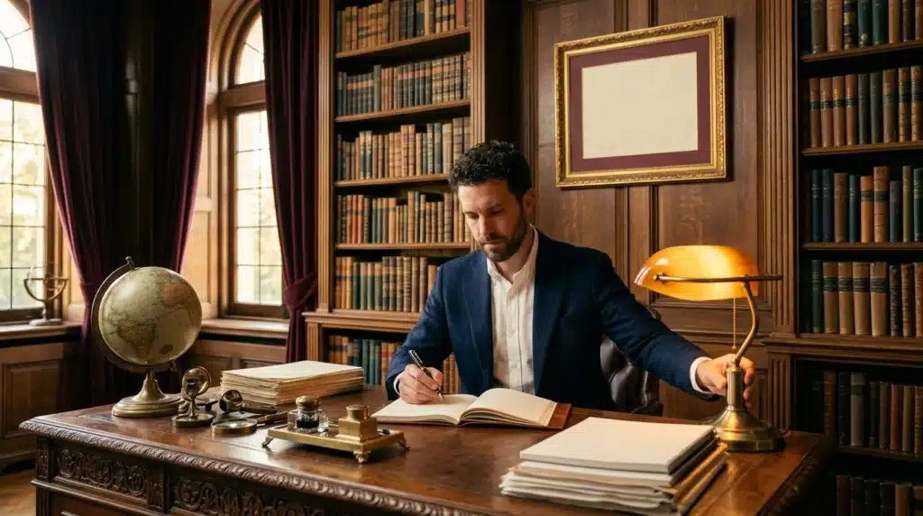 Homme en costume écrivant à son bureau dans une bibliothèque classique
