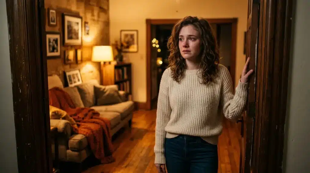 Femme en pull beige devant un salon éclairé