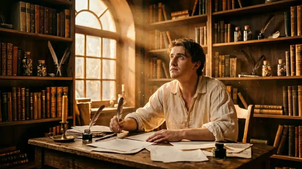 Homme écrivant à sa table dans une bibliothèque dorée
