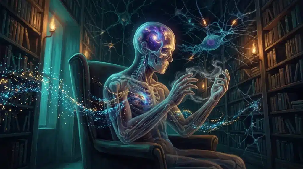 Squelette luminescent avec galaxie dans le crâne, entouré d'énergie
