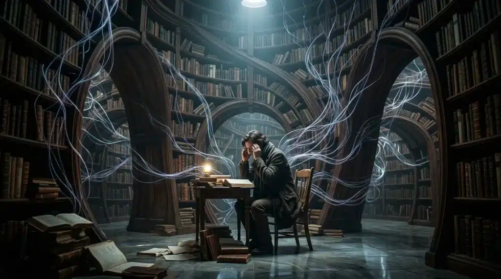 Homme contemplant dans une bibliothèque avec énergie lumineuse