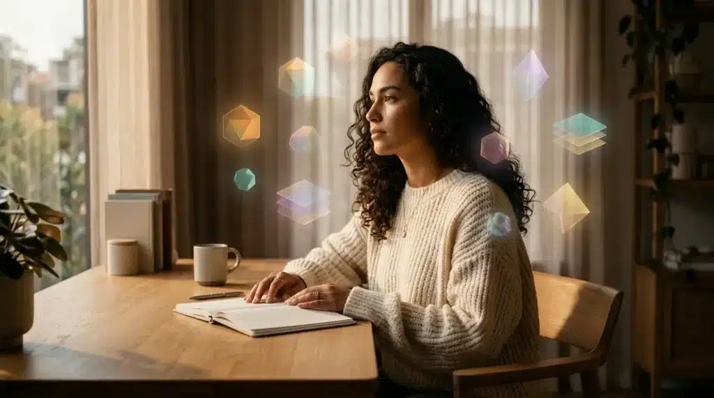 Femme écrivant à son bureau avec formes géométriques flottantes