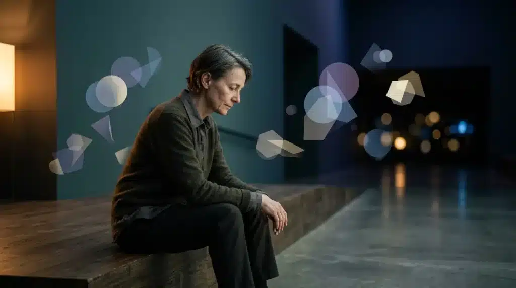 Femme assise contemplative dans galerie art contemporain