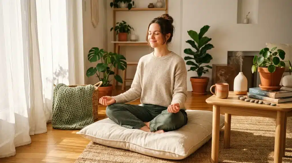 Femme méditant sur coussin dans salon végétal lumineux