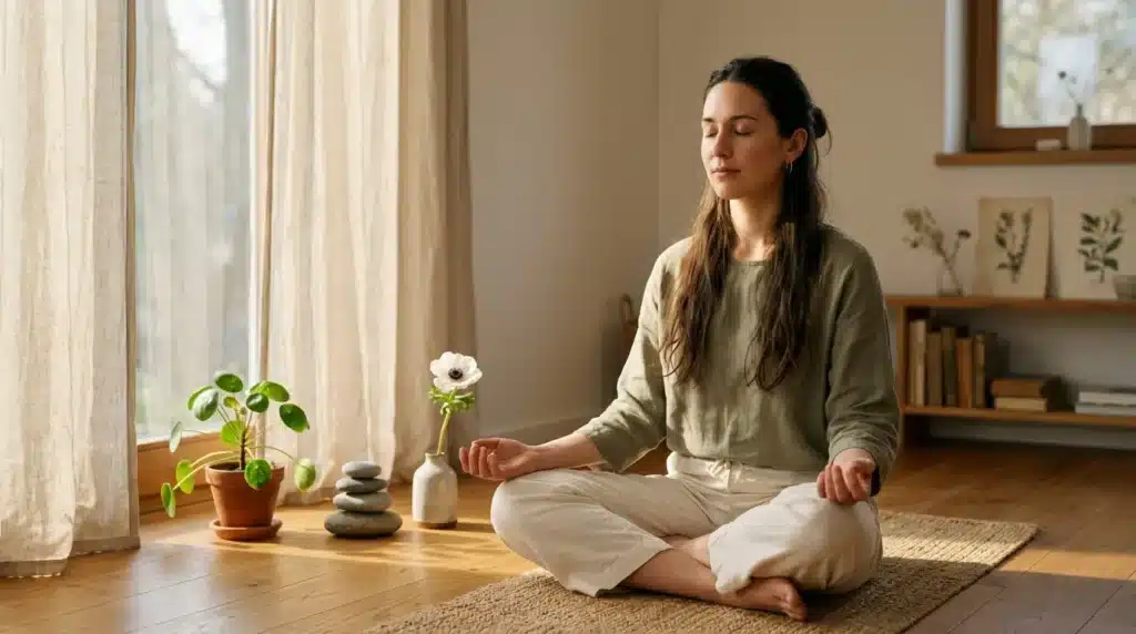 Femme en méditation assise sur tapis dans salon serein