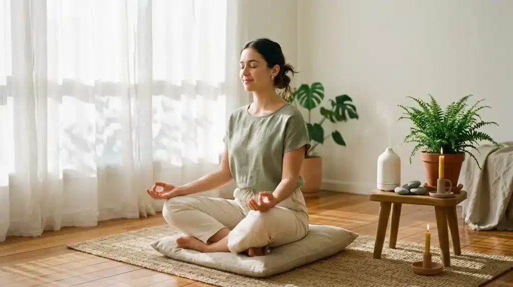Femme en méditation assise sur un tapis dans une pièce lumineuse et paisible