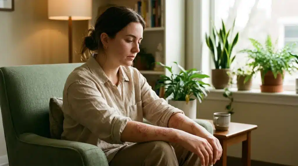 Femme assise contemplativement dans un salon verdoyant et lumineux