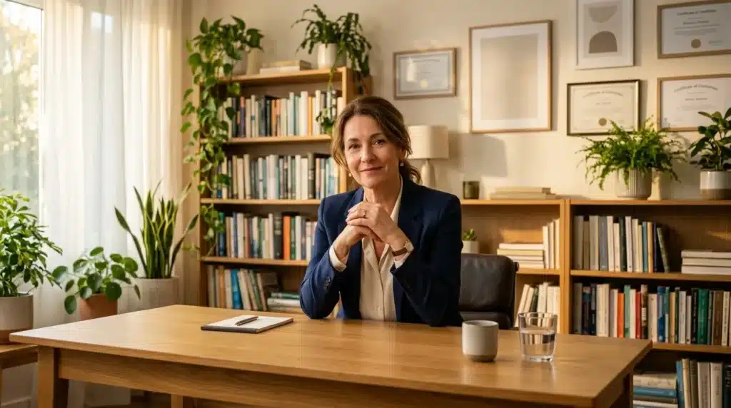 Femme en costume bleu marine assise à un bureau en bois