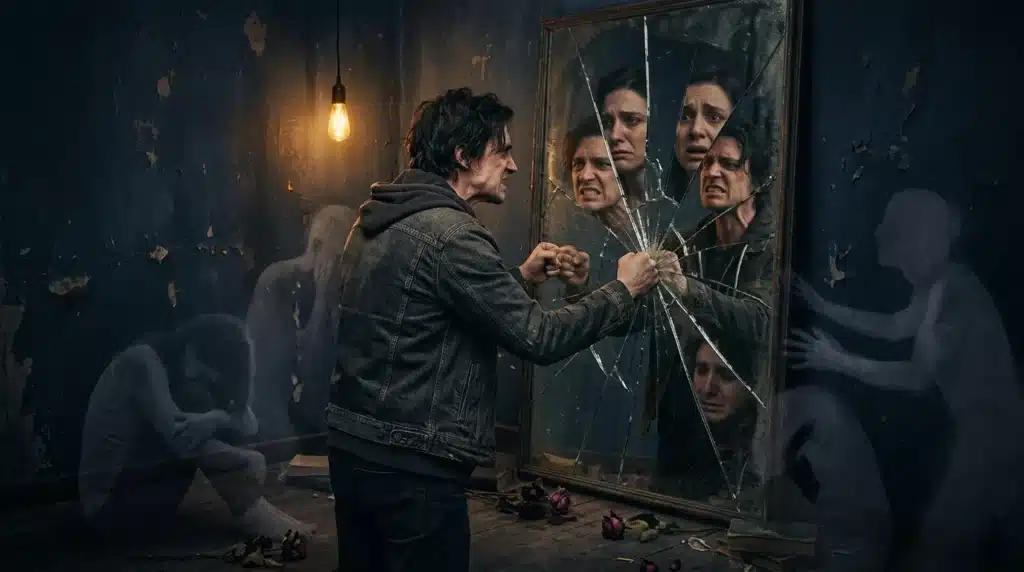 Homme devant miroir brisé reflétant plusieurs visages angoissés