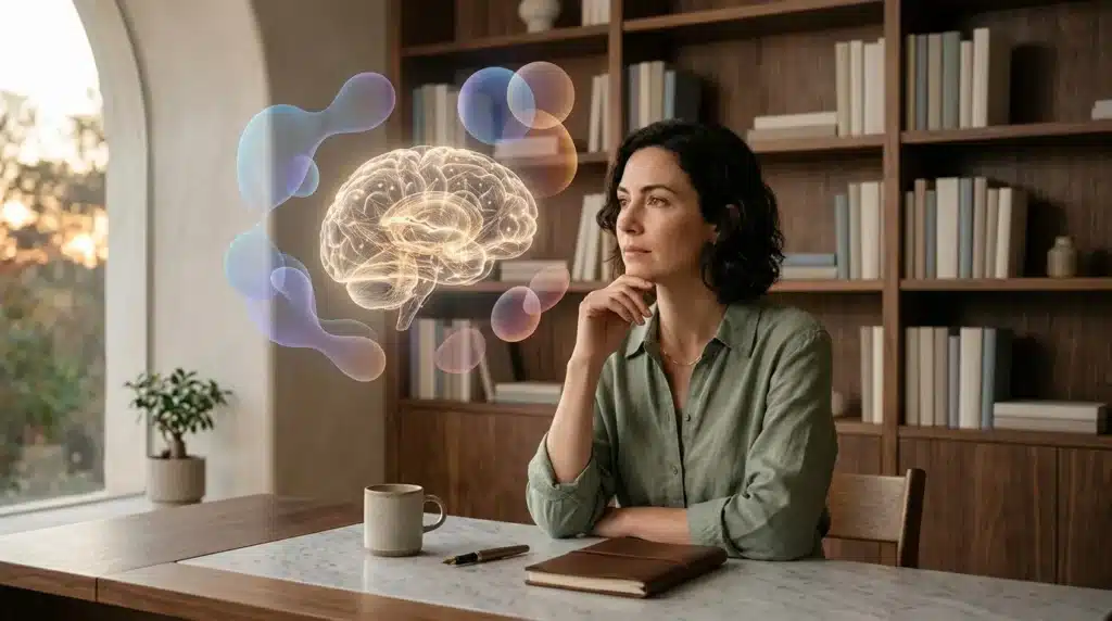 Femme pensant face à une projection holographique de cerveau