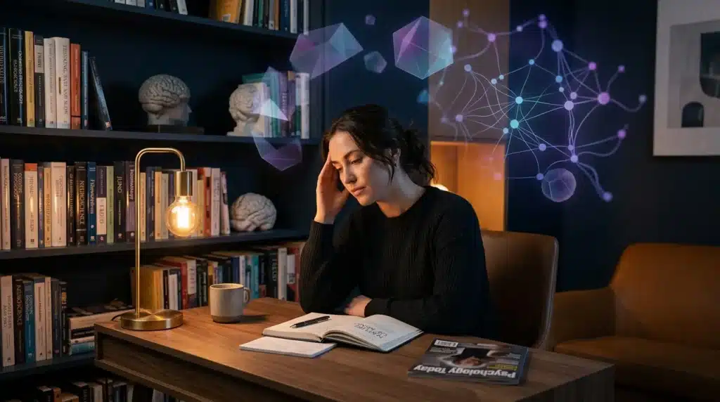 Femme pensante à son bureau avec visualisations numériques