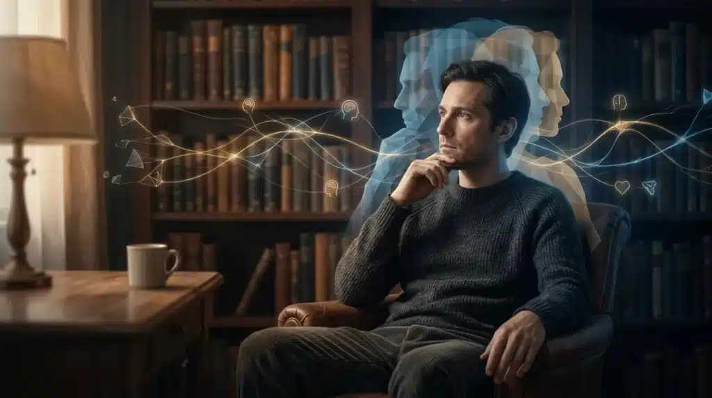 Homme pensif avec projections holographiques de pensées