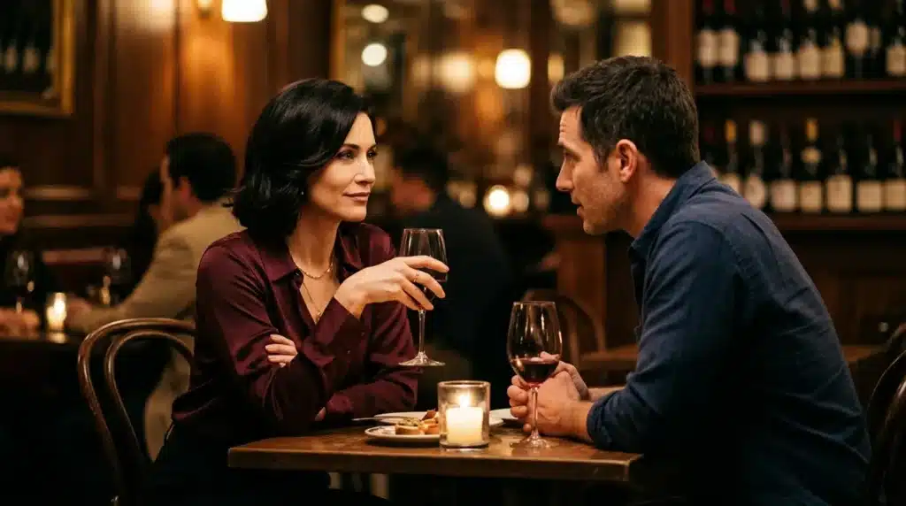 Couple dégustant du vin à table dans un bar élégant