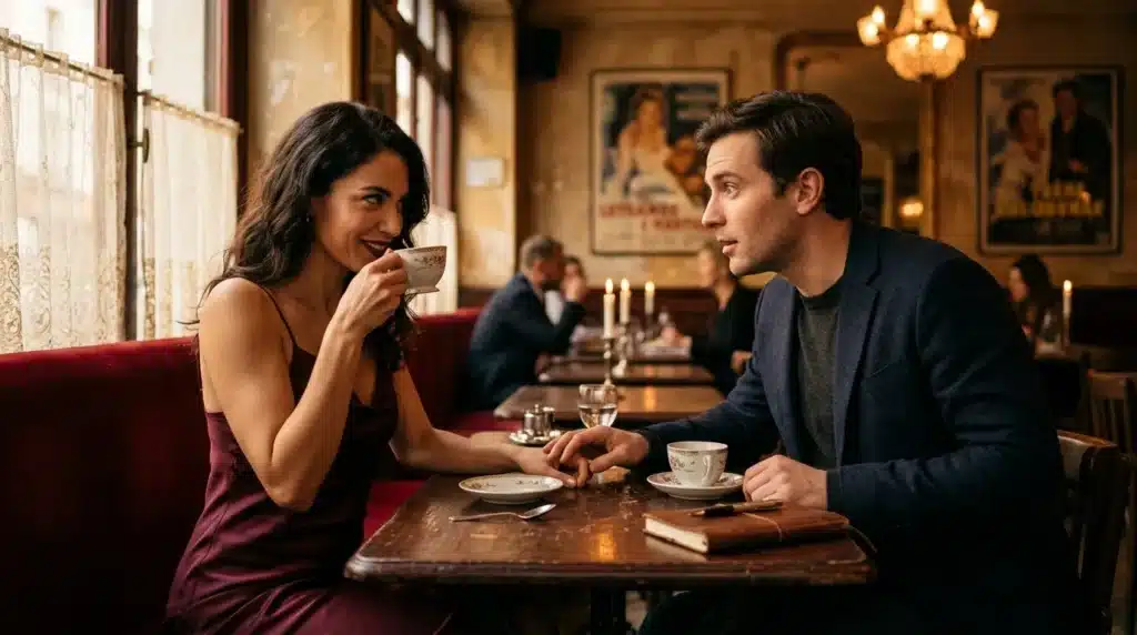 Couple partageant un café dans un restaurant élégant.