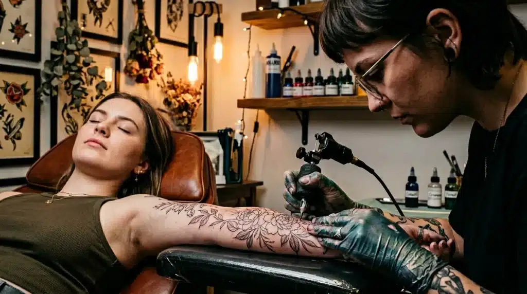 Tatoueur travaillant sur le bras d'une cliente dans son studio