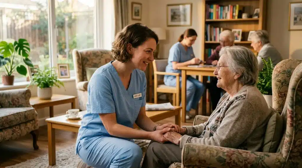 Infirmière tenant la main d'une personne âgée souriante