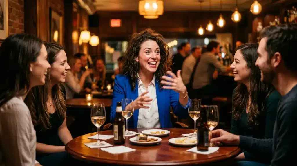 Groupe de personnes riant autour d'une table avec verres de vin