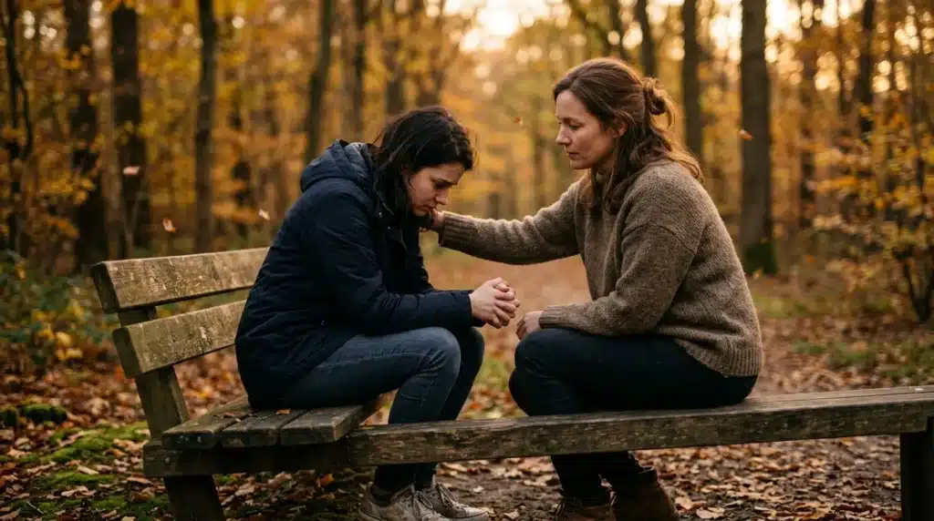 Deux femmes se consolent assis sur un banc en forêt d'automne