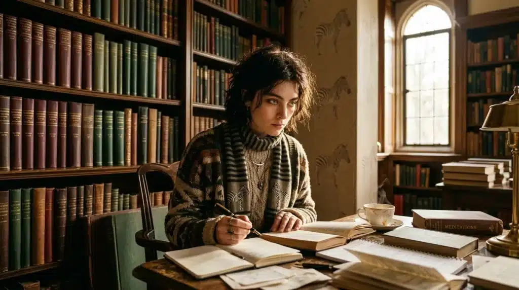 Jeune femme écrivant à son bureau entourée de livres anciens