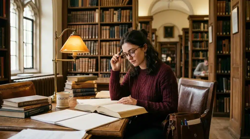 Jeune femme étudiant à une table de bibliothèque ancienne