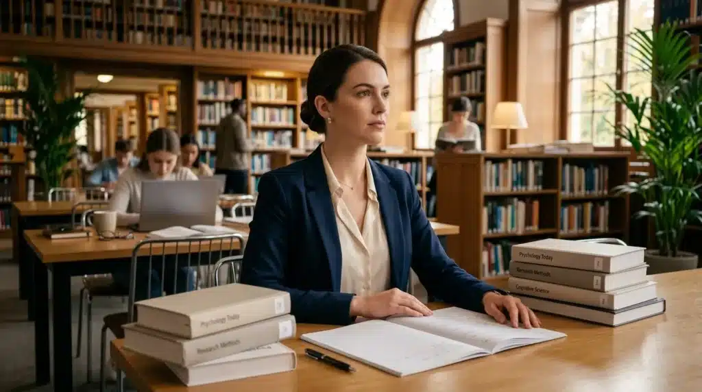 Femme en blazer bleu étudiant à une table de bibliothèque