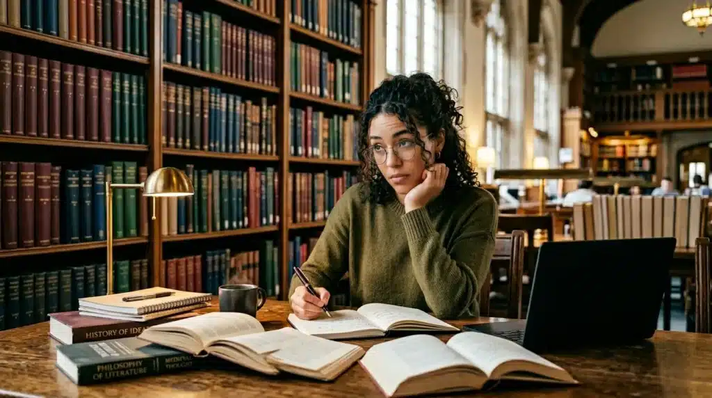 Femme écrivant dans une bibliothèque entourée de livres