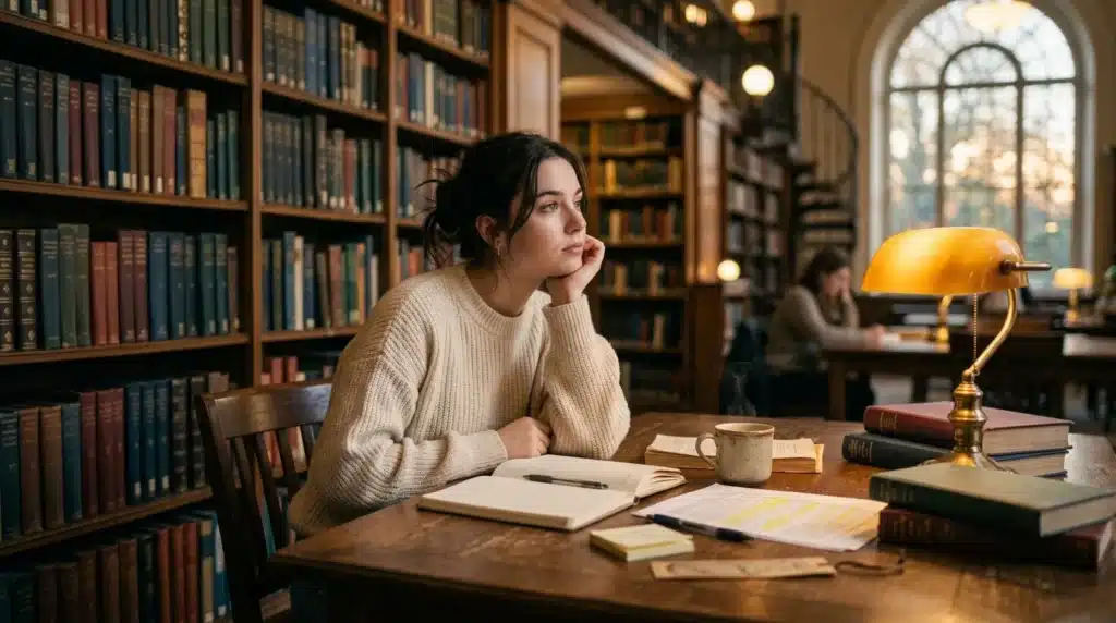 Jeune femme réfléchit à sa table de travail en bibliothèque