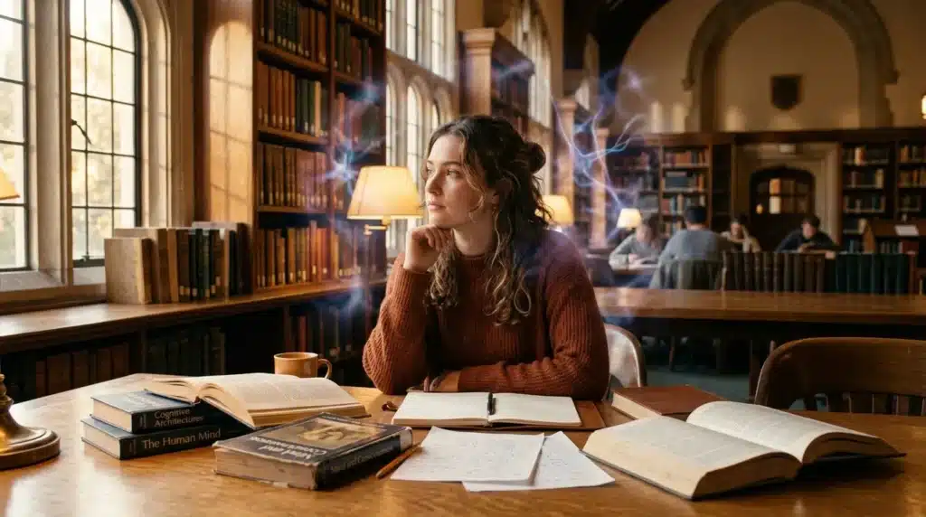 Jeune femme étudiant à une table de bibliothèque entourée de livres