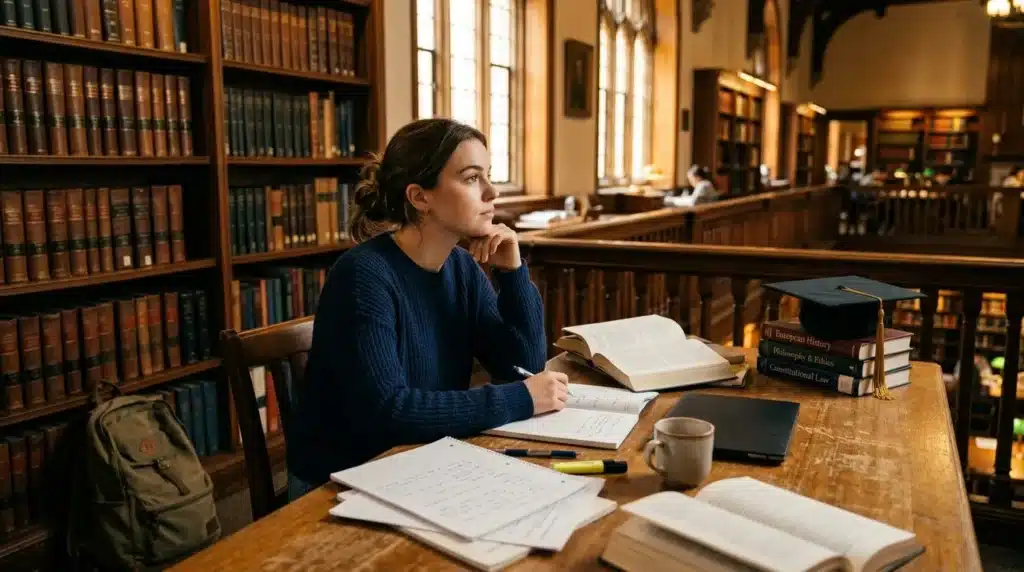 Jeune femme étudiant dans une bibliothèque historique avec livres