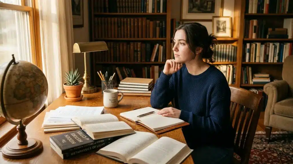 Femme concentrée étudiant à son bureau entouré de livres