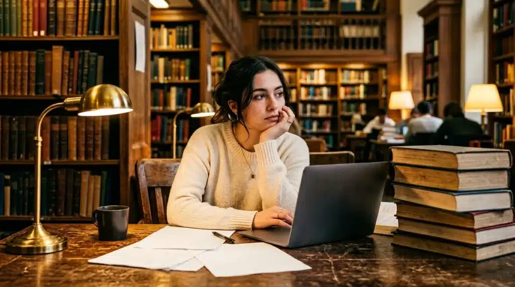 Jeune femme étudiant avec laptop à la bibliothèque