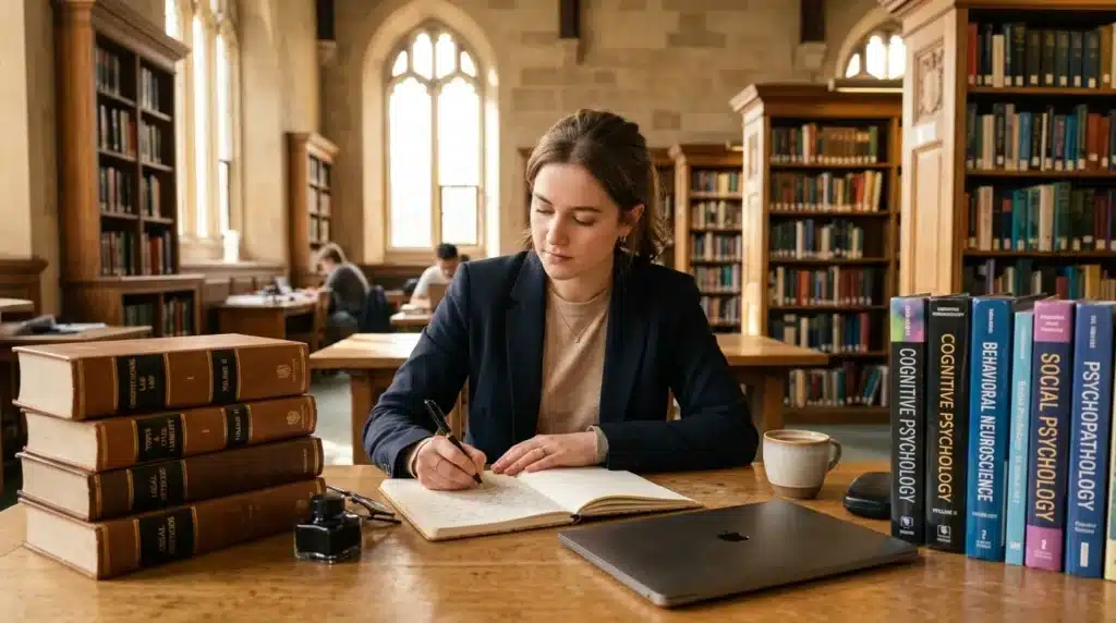 Femme écrivant à un bureau dans une bibliothèque historique