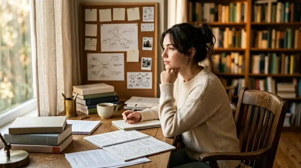 Jeune femme écrivant à son bureau près d'une fenêtre, entourée de livres
