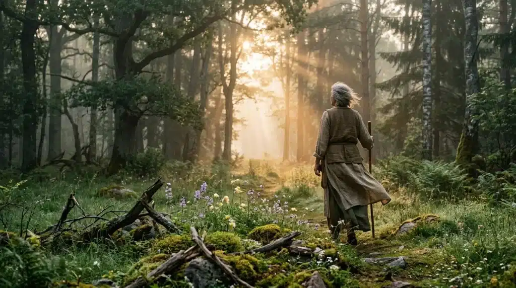 Femme marchant seule dans une forêt lumineuse avec fleurs