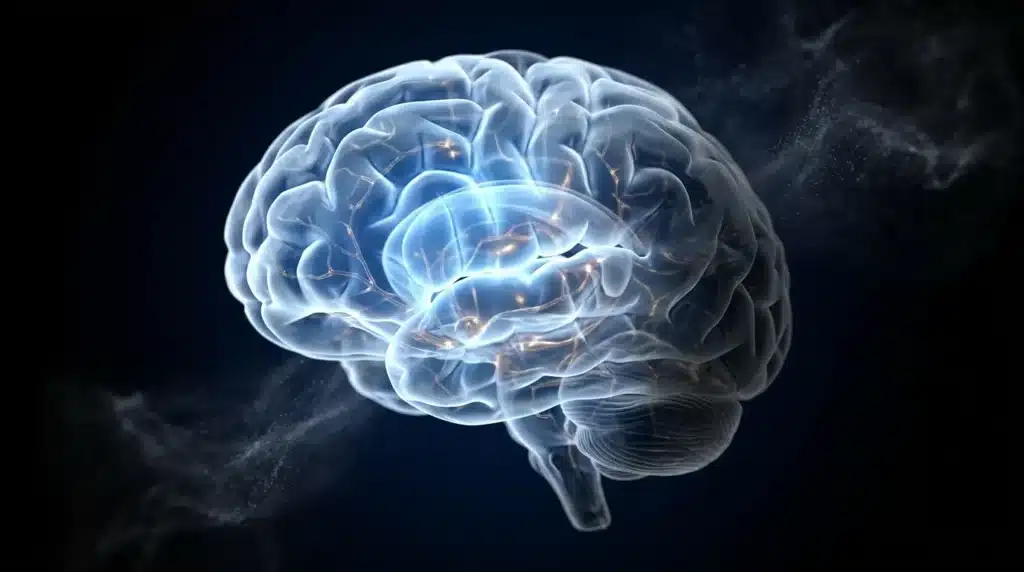 Cerveau translucide avec synapses brillantes sur fond noir