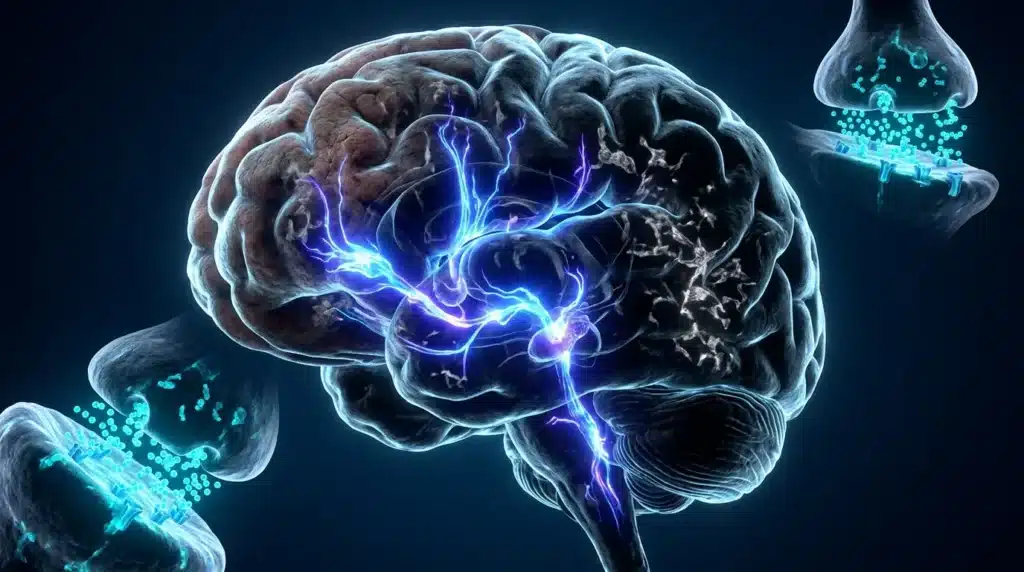 Cerveau illuminé par des éclairs bleus représentant l'activité neuronale.
