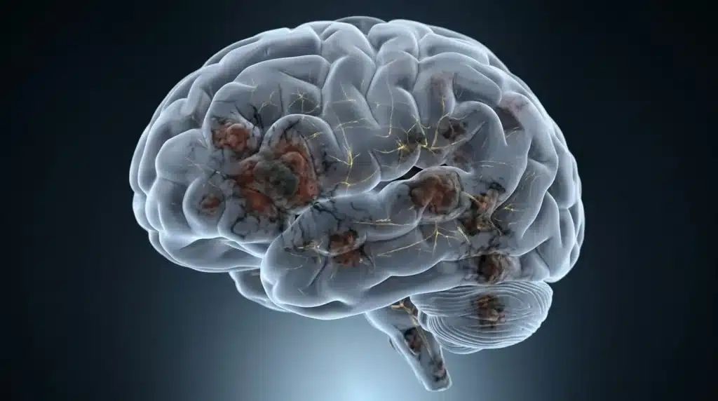 Illustration 3D du cerveau avec neurones et connexions dorées